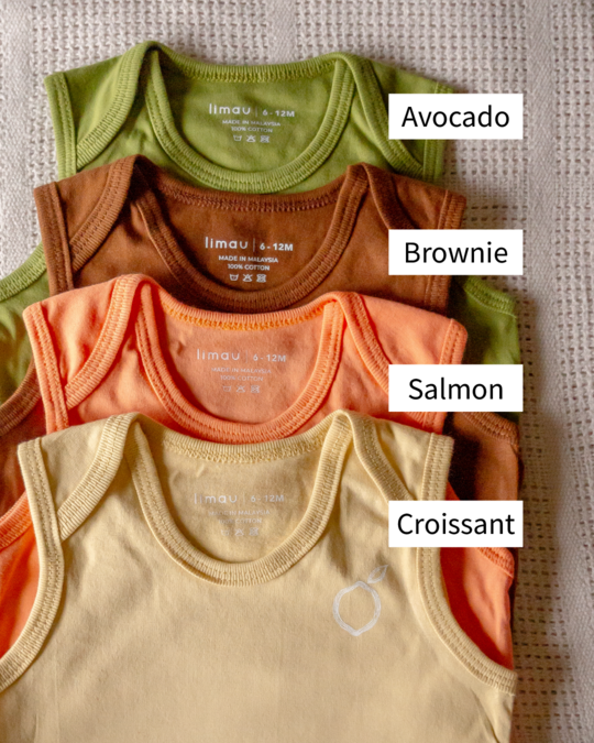 LIMAU sleeveless bodysuit is available in four colours, namely Brownie, Salmon, Croissant and Avocado.