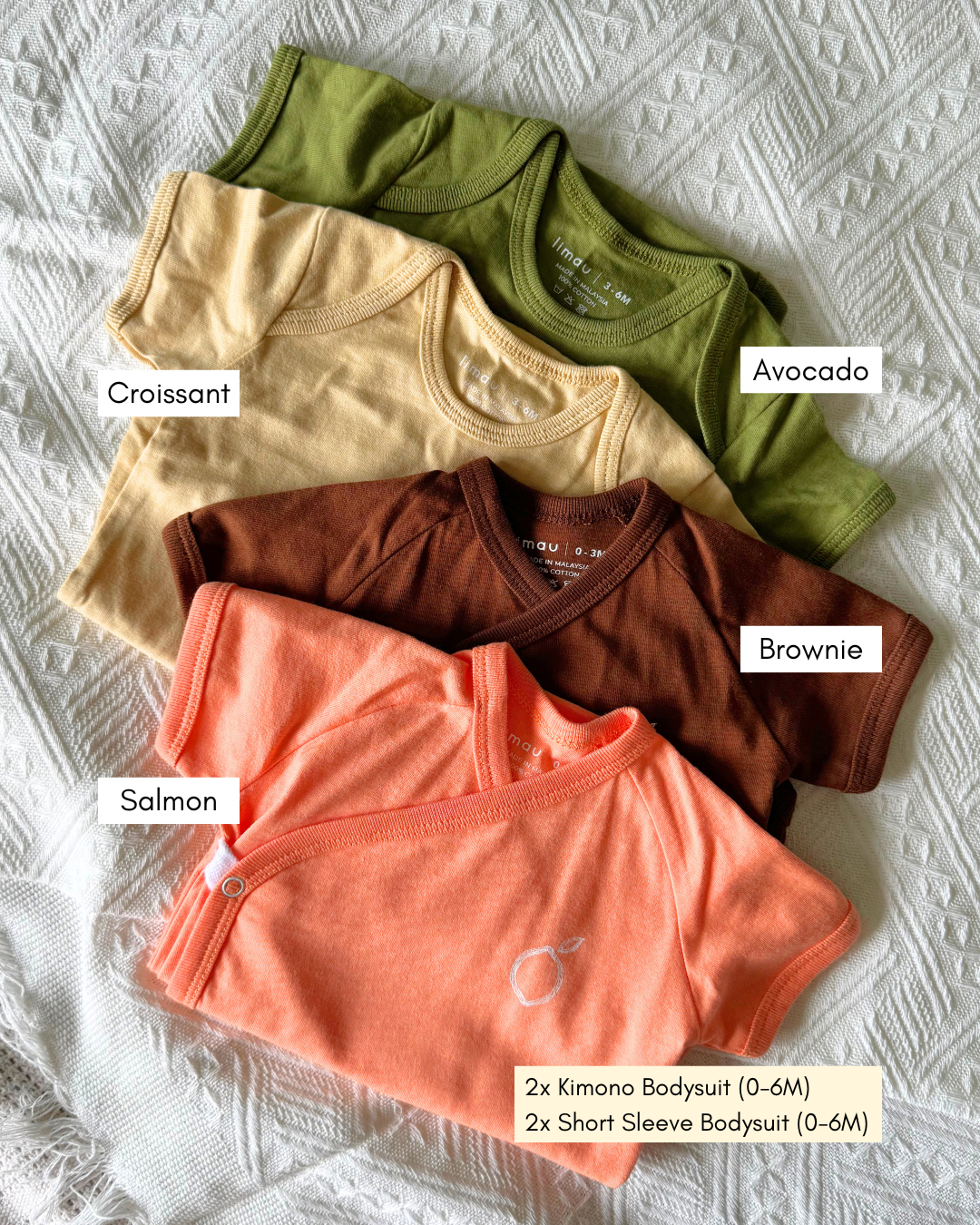 Limau's Newborn Bodysuit Starter Pack comes in set of 4 - 2 kimono bodysuits and 2 short sleeve bodysuits. Choose from our 4 unisex colours and curate the gift box of your choice.