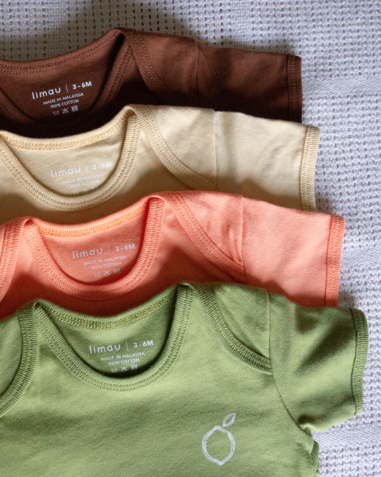 LIMAU short sleeve bodysuit is locally made in Malaysia for a better and sustainable future. 