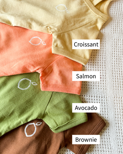 LIMAU kimono bodysuit is available in four colours, namely Brownie, Salmon, Croissant and Avocado.