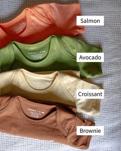 LIMAU short sleeve bodysuit is available in four colours, namely Brownie, Salmon, Croissant and Avocado.